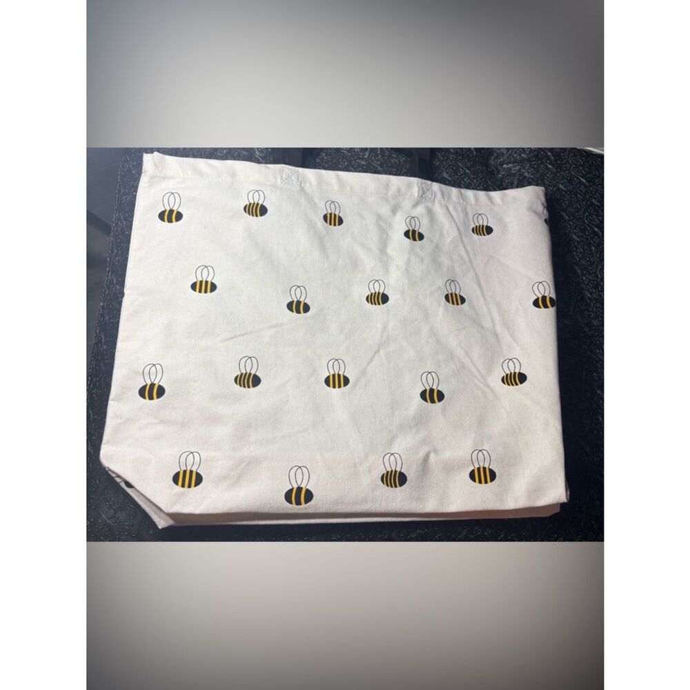New Bee Print Canvas Tote Bag - White and Yellow 15.5” x 18.5”
